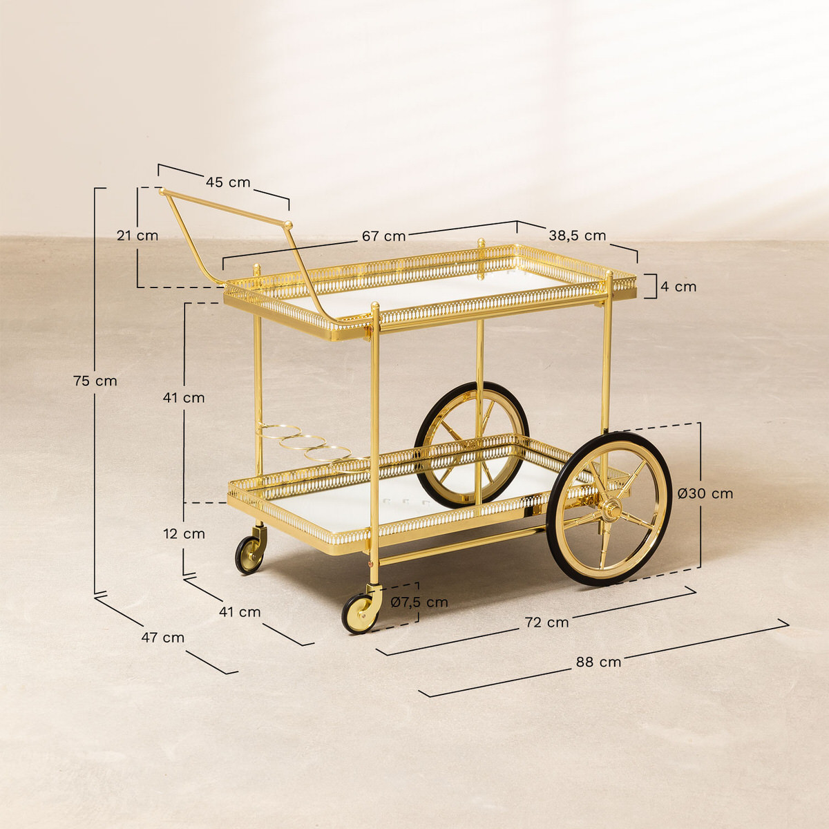 Servierwagen groß in gold mit Spiegelplatte - VonRock Eventverleih