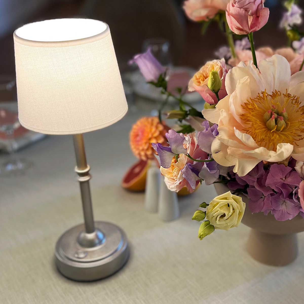 LED Tischlampe silber mit Schirm offwhite H39cm ⌀15cm