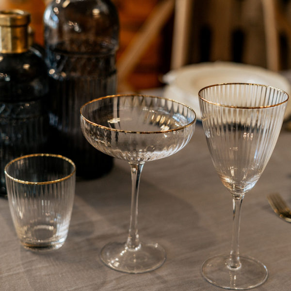 3er Set Gläser mit Goldrand enthält Champagnerschale, Weinglas und Wasserglas mit Goldrand mieten in NRW